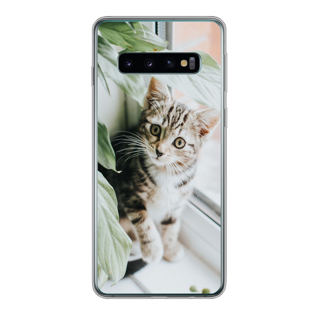 MuchoWow Handyhülle Schutzhülle Hülle für Samsung Galaxy S10 Katze - Kätzchen - Pflanzen Silikon Softcase Handy Hülle - Handytasche