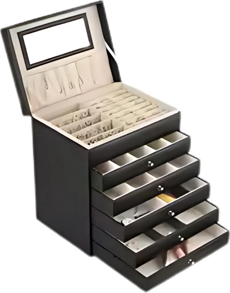 Organiseur bijoux avec miroir - Rangement 6 tiroirs noir pour montre