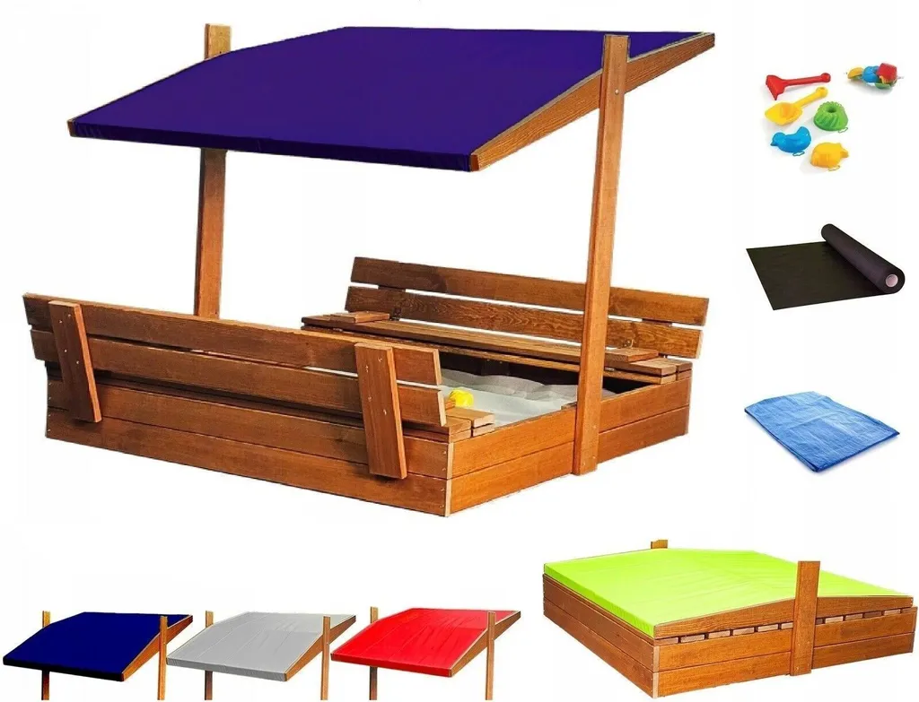 Sabbiera in Legno Impregnato con Tettoia Blu e Panche 10774 - Offerta