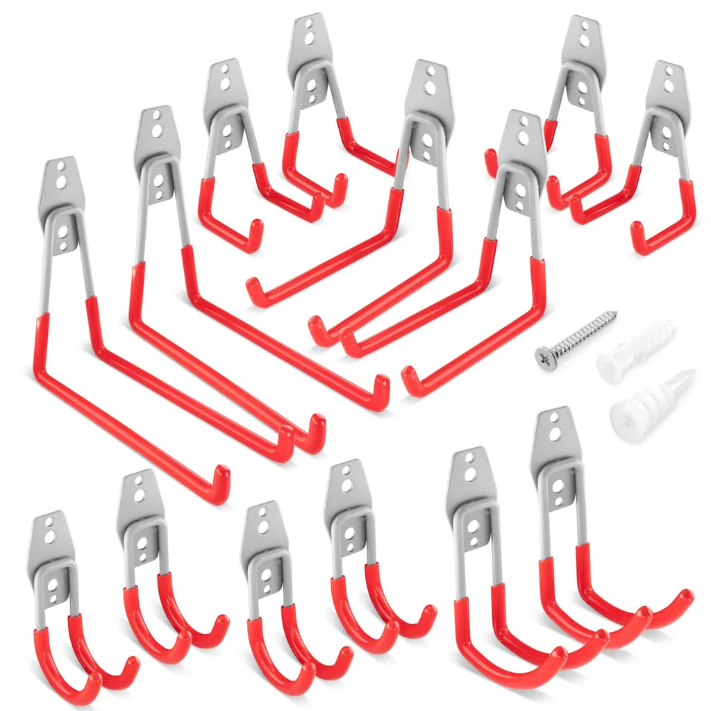 Crochets de garage forte résistance, lot de 14 pièces multi-tailles acier rouge