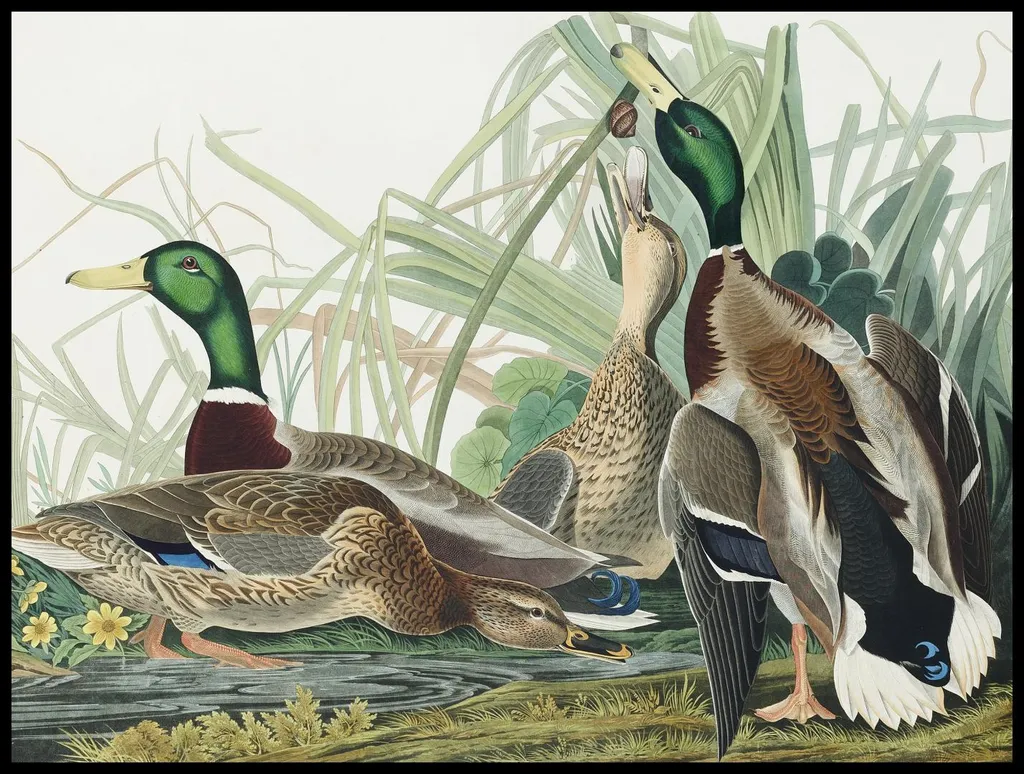 Stampa Naturalistica Mallard Audubon 100x75cm - Poster Uccelli Vintage
