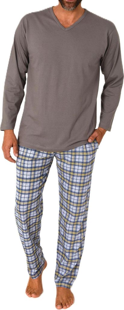 Normann Herren Schlafanzug lang mit Jersey Pyjama Hose in Karo Optik - auch in Übergrößen ; grau , 60