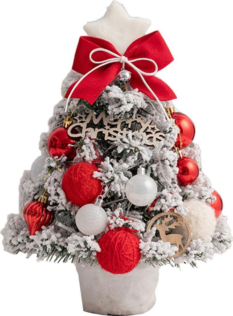 Mini-Weihnachtsbaum mit Schneebeflockung, künstlicher Tischweihnachtsbaum mit LED-Lichtern, kleine Kiefer mit Kugeln und Schleife für Schreibtisc...