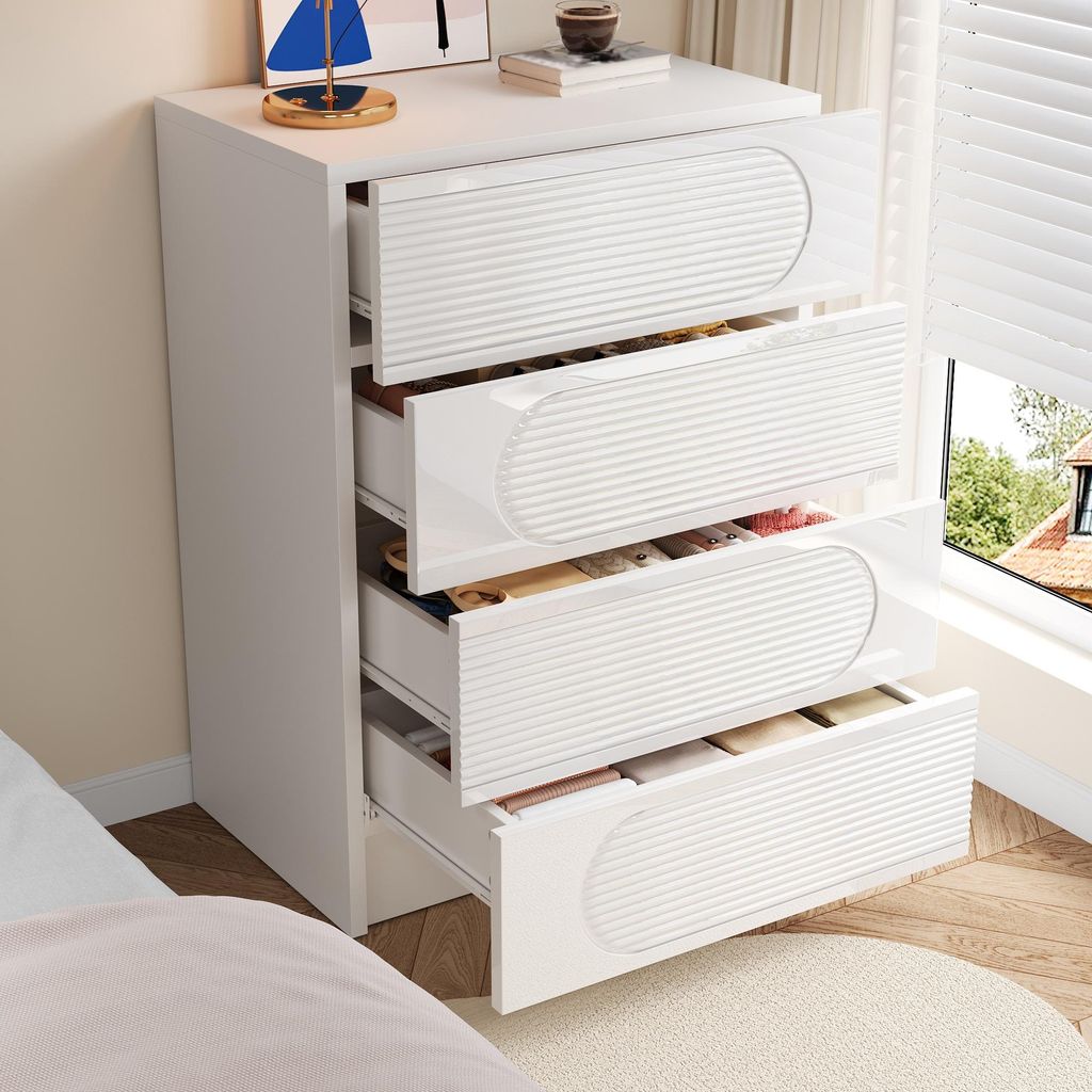 okwish Moderne Kommode 4-Schubladen-Schrank mit tiefen Schubladen,Aufbewahrungsschrank mit Hochglanz-Fronten,Mehrzweckschrank in Weiß
