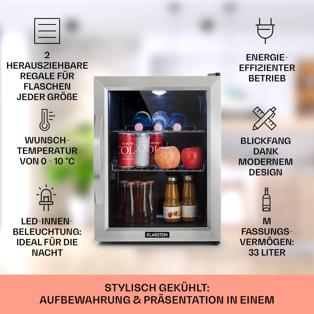 Klarstein Mini Kühlschrank mit Glastür & LED, Mini-Kühlschrank für Zimmer,  Getränkekühlschrank Klein mit IoT/App-Steuerung, Kleiner Kühlschrank 60L