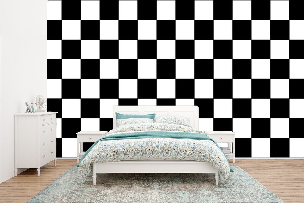 MuchoWow Fototapete für Wohnzimmer oder Schlafzimmer Wandtapete Vinyl Motivtapete Schachbrett - Muster - Schwarz und Weiß - 400x240 cm - Gemustert