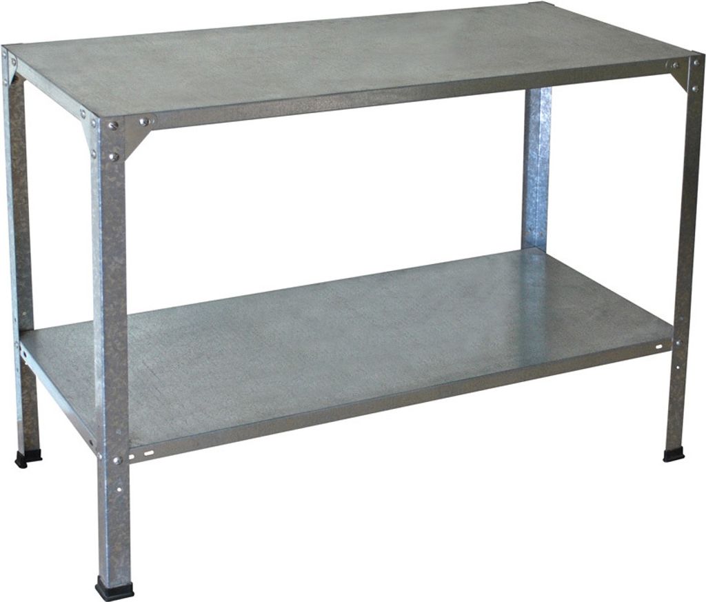 A silver metal workbench with two shelves, shown against a white background.