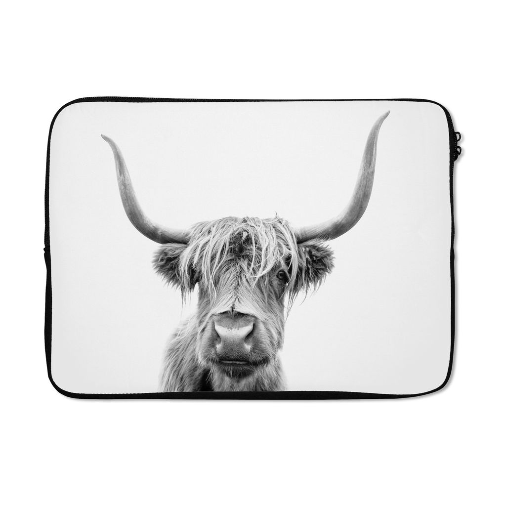 MuchoWow Laptop Hülle 13 Zoll Scottish Highlander - Stier - Schwarz - Weiß Laptoptasche - Laptophülle - Sleeve - Rundumschutz