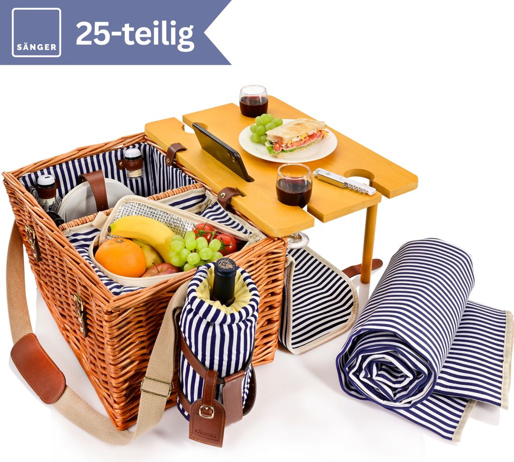 SÄNGER Picknickkorb Borkum mit integriertem Tisch & Kühltasche 25 teilig für 4 Personen