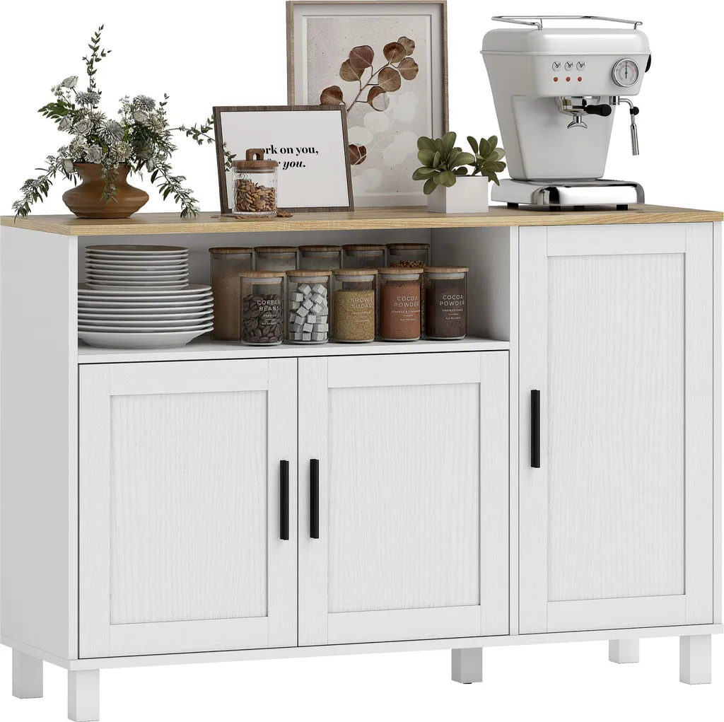 Buffet de Cuisine Moderne Blanc avec Étagères Réglables et Rangement