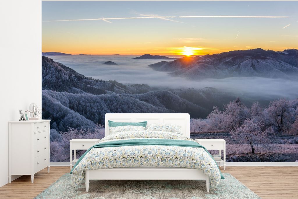 MuchoWow Fototapete für Wohnzimmer oder Schlafzimmer Wandtapete Vinyl Motivtapete Winter - Berge - Sonne - Abend - 320x240 cm - Tapeten