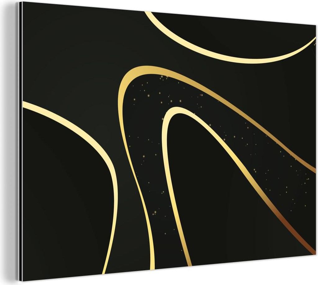 MuchoWow Wanddekoration Metall Metallbild Wandkunst 150x100 cm Goldene Wellen auf schwarzem Hintergrund MuchoWow Aluminium Gemälde - Alu Dibond Bild