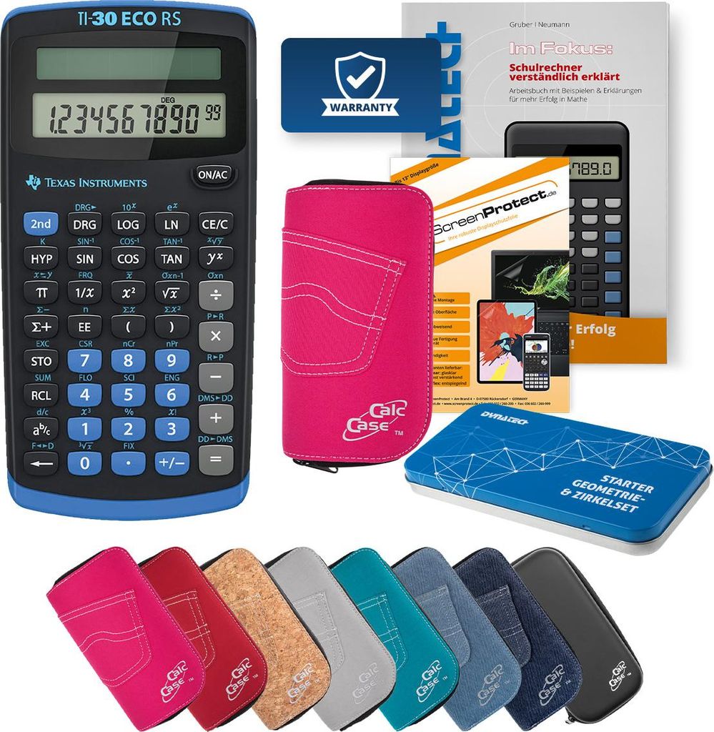 TI-30 ECO RS Taschenrechner mit Tasche pink, Schutzfolie, Fachbuch & Zirkel Set