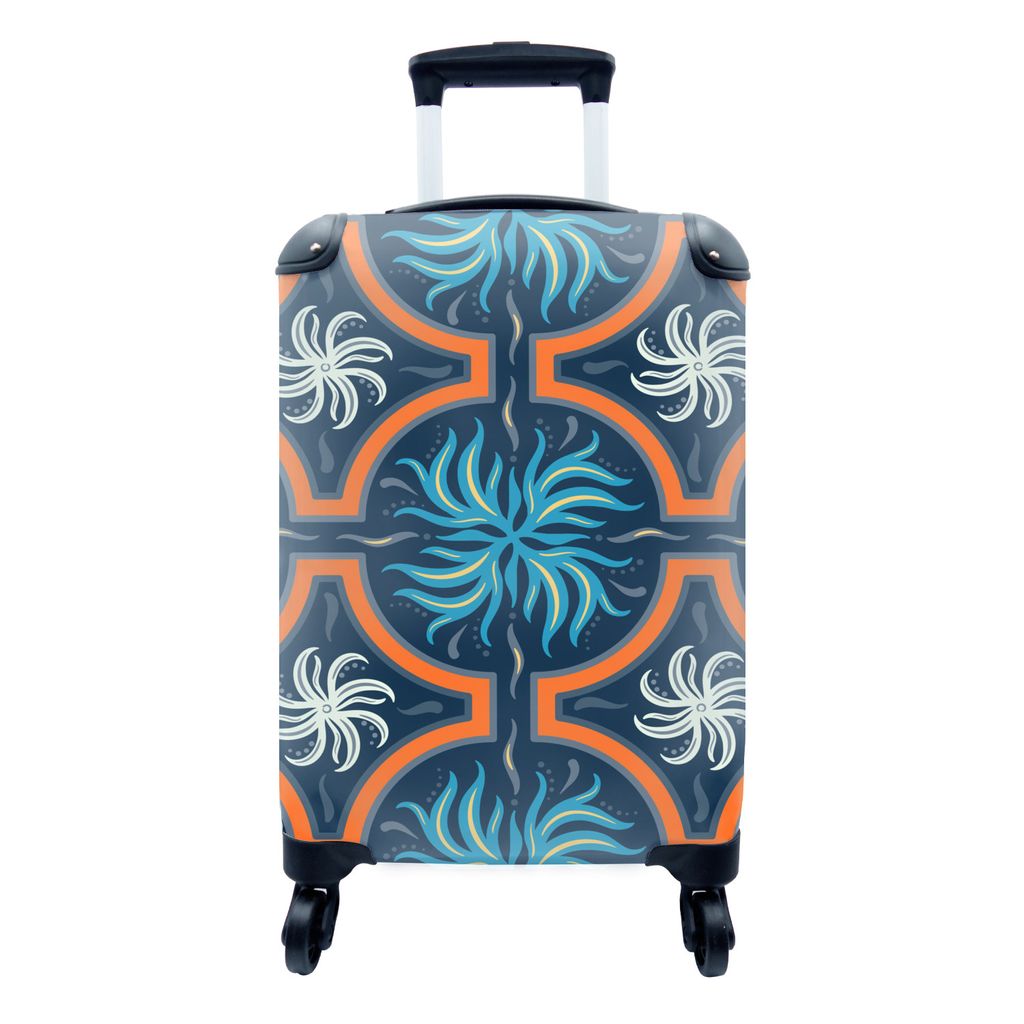 MuchoWow Koffer Handgepäck Trolley Rollkoffer Kleine Reisekoffer mit 4 Rollen - Blumen - Blau - Weiß - Orange - Cabin Size < 55x40x23 cm & 55x4...