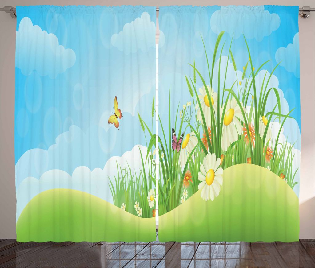 ABAKUHAUS Gras Rustikaler Vorhang, Spring Meadow Hills Cartoon, Wohnzimmer Universalband Gardinen mit Schlaufen und Haken, 280 x 175 cm, Mehrfarbig