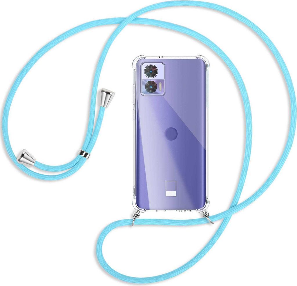 Handykette Backcover-Schutzhülle mit Band (Metall silberfarben) für Motorola Edge 30 Neo (Edge 30 Lite) - himmelblau