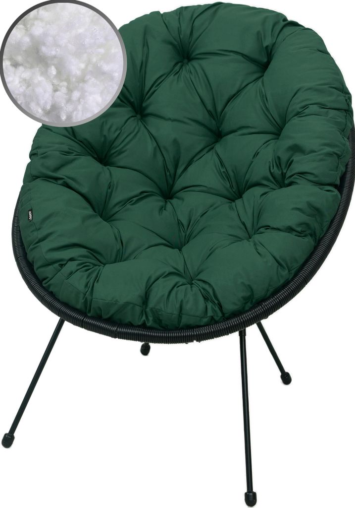 A green cushion on a black chair with black legs, shown against a white background. A close-up inset shows the cushion's filling.
