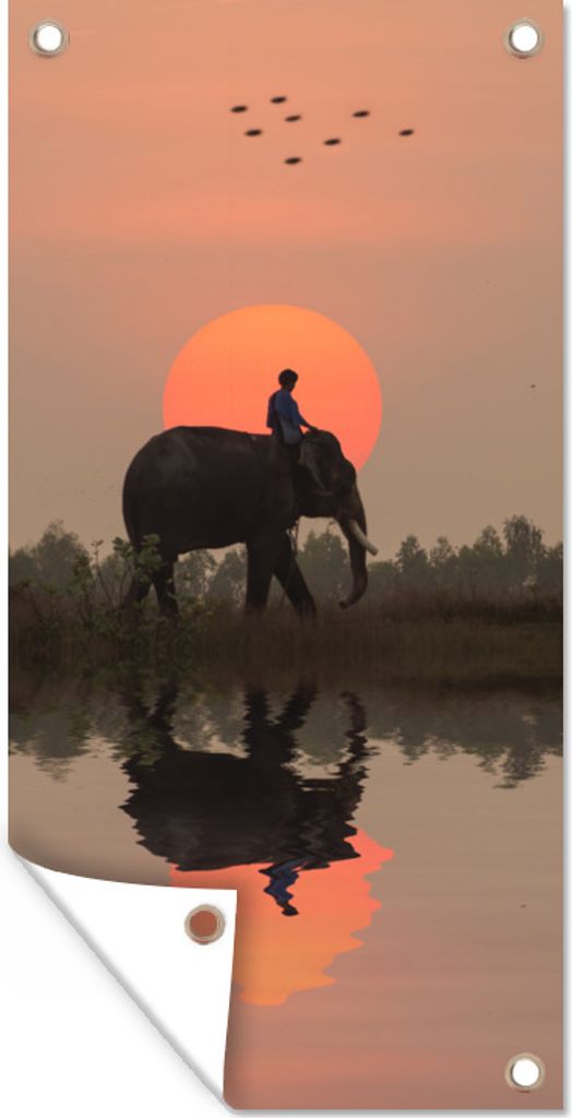 MuchoWow 40x80 cm Outdoor-Poster Gartendeko Sichtschutz Garten Poster für den Garten Ein Elefant in einem Reisfeld bei Sonnenuntergang in Thailand