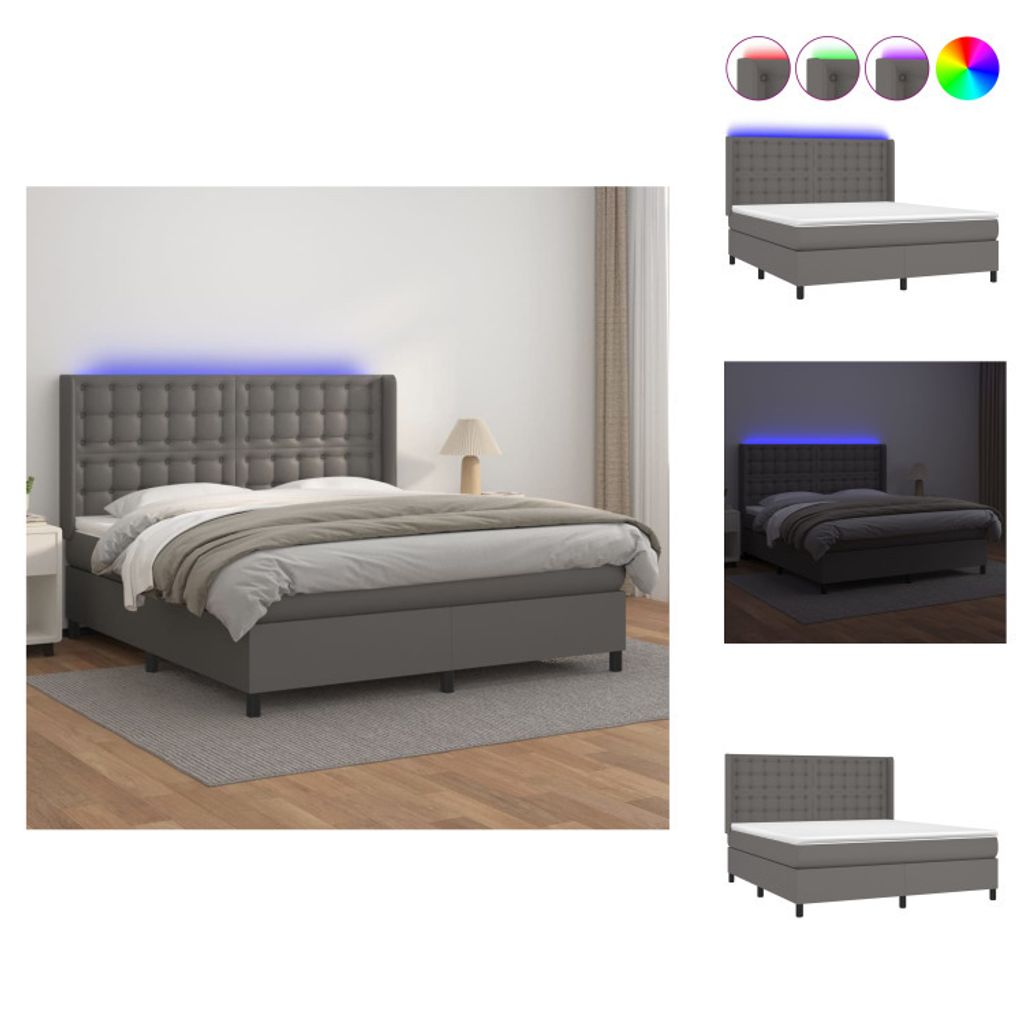 vidaXL Boxspringbett mit Matratze & LED Grau 160x200 cm Kunstleder - Betten & Bettgestelle