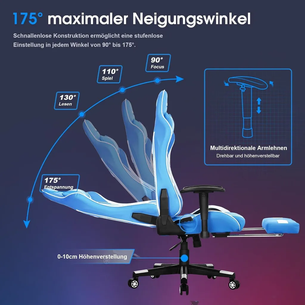 Chaise gaming massante 7 points et repose-pieds escamotable Bleu 180KG - 5