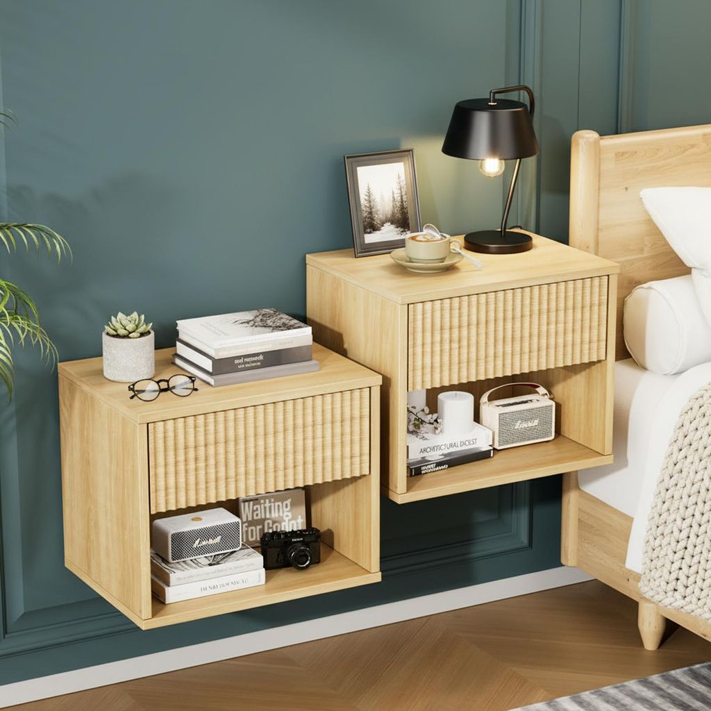 FCH Nachttisch Hängend 2er Set, Nachtschrank Wandregal mit Schublade, offenem Fach, 40 x 30 x 33cm Eiche