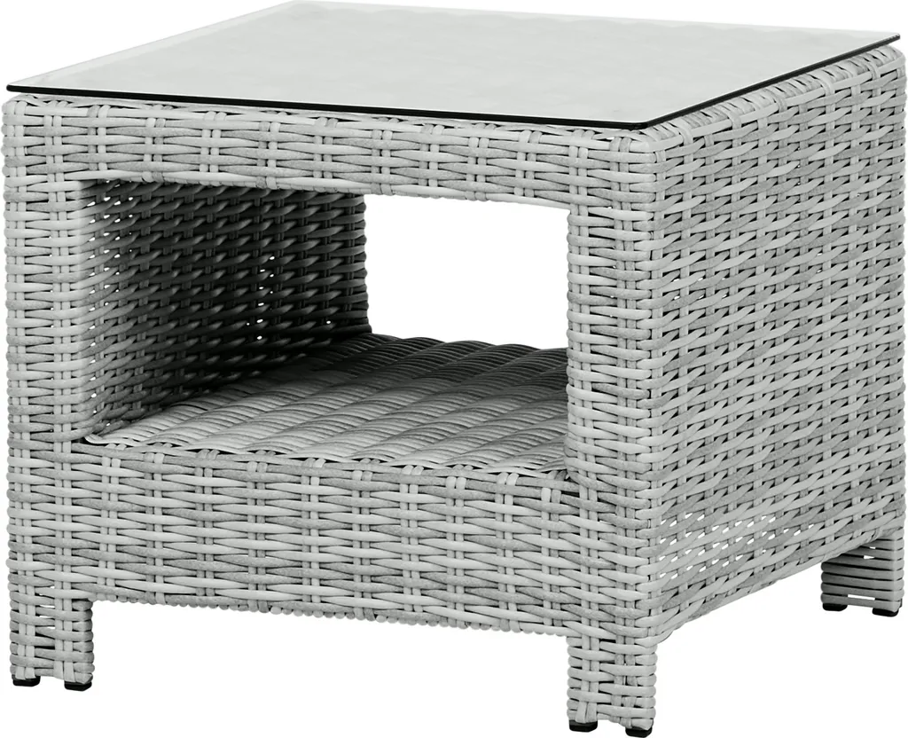 Guéridon de salon design Vinor plateau verre et structure métal sable