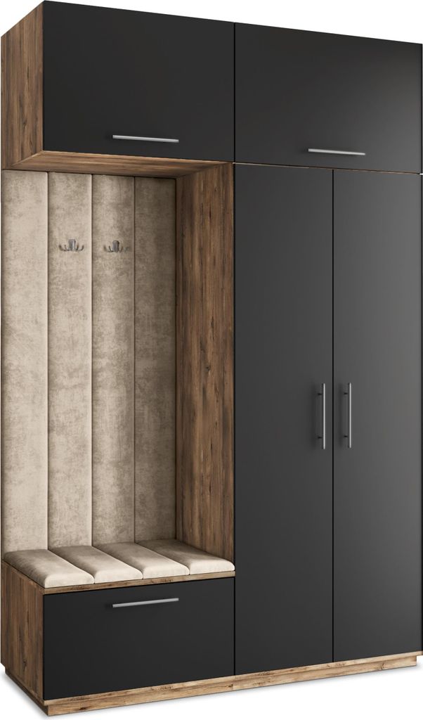 Masseno Garderobe-Set REMA 150/240/60 cm Modern Garderobenschrank Eiche Lefkas, Veloursstoff MONOLITH 04 (Beige)