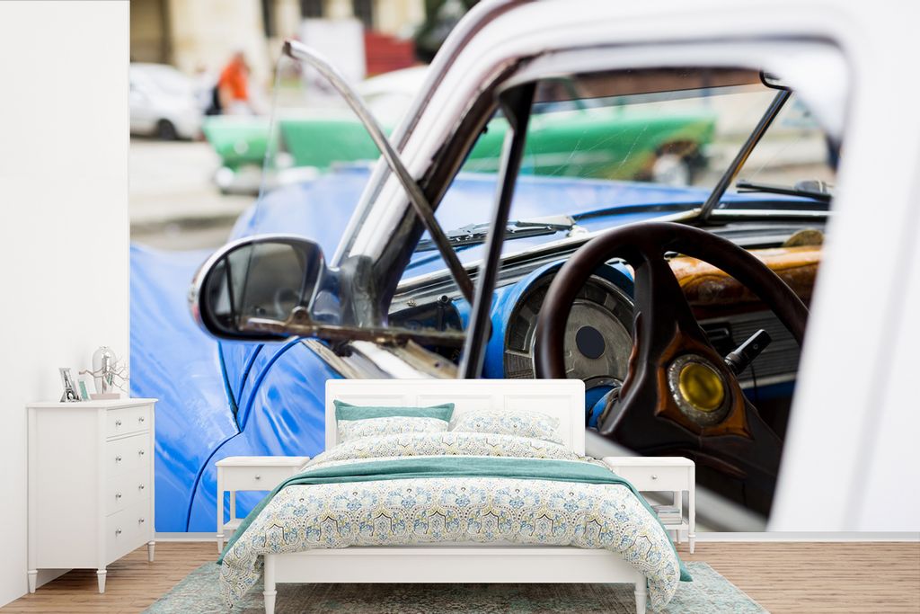 MuchoWow Fototapete für Wohnzimmer oder Schlafzimmer Wandtapete Vinyl Motivtapete Eine Nahaufnahme der Seite des kubanischen Oldtimers - 360x240...
