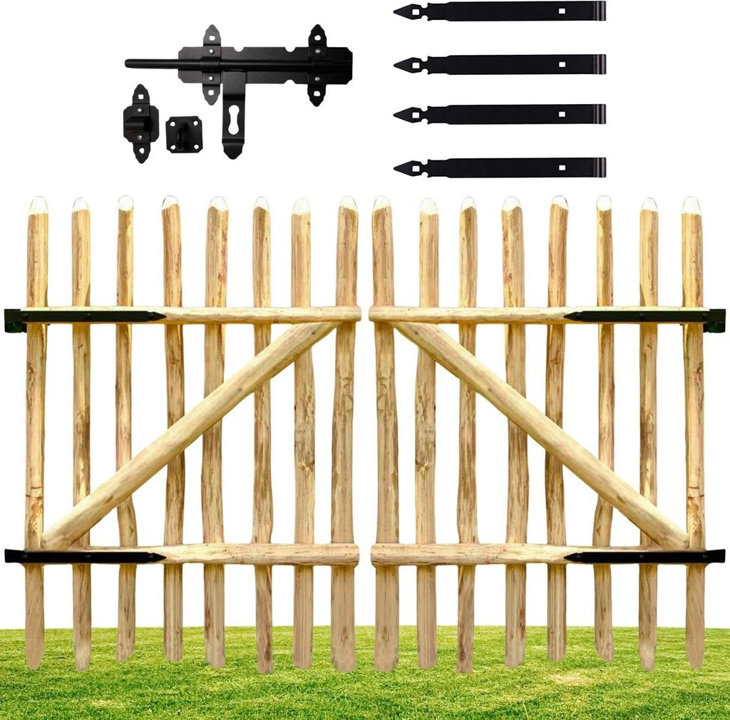 Floranica Zauntor Haselnussholz Doppelflügel 200 cm breit x 100 cm Doppelflügelig Gartentor für Staketenzaun Hoftor Gartenpforte inkl. Scharniere