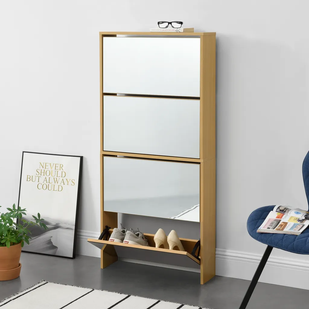 Meuble chaussures gain de place Vogar 4 abattants miroirs en chêne