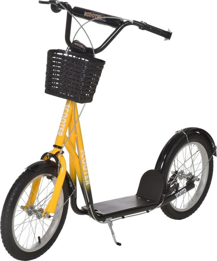 Kinder Roller, höhenverstellbar Tretroller mit großen Gummirädern, 2 Bremsen, Kinderscooter mit Korb, Becherhalter, für 5-12 Jahre