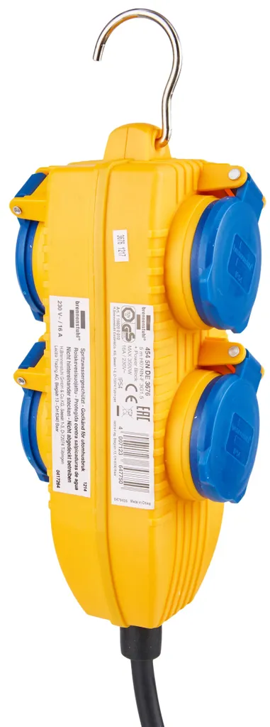 Brennenstuhl Prolunga Powerblock IP44 10 M - 4 Prese A Conchiglia Con Gancio - Giallo - Ideale Per Esterni E Officina