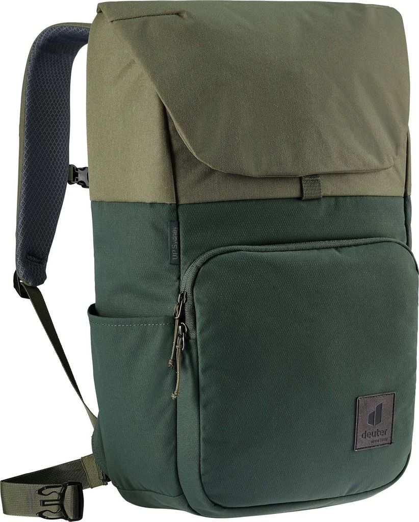 A studio shot of a green and khaki Deuter backpack.