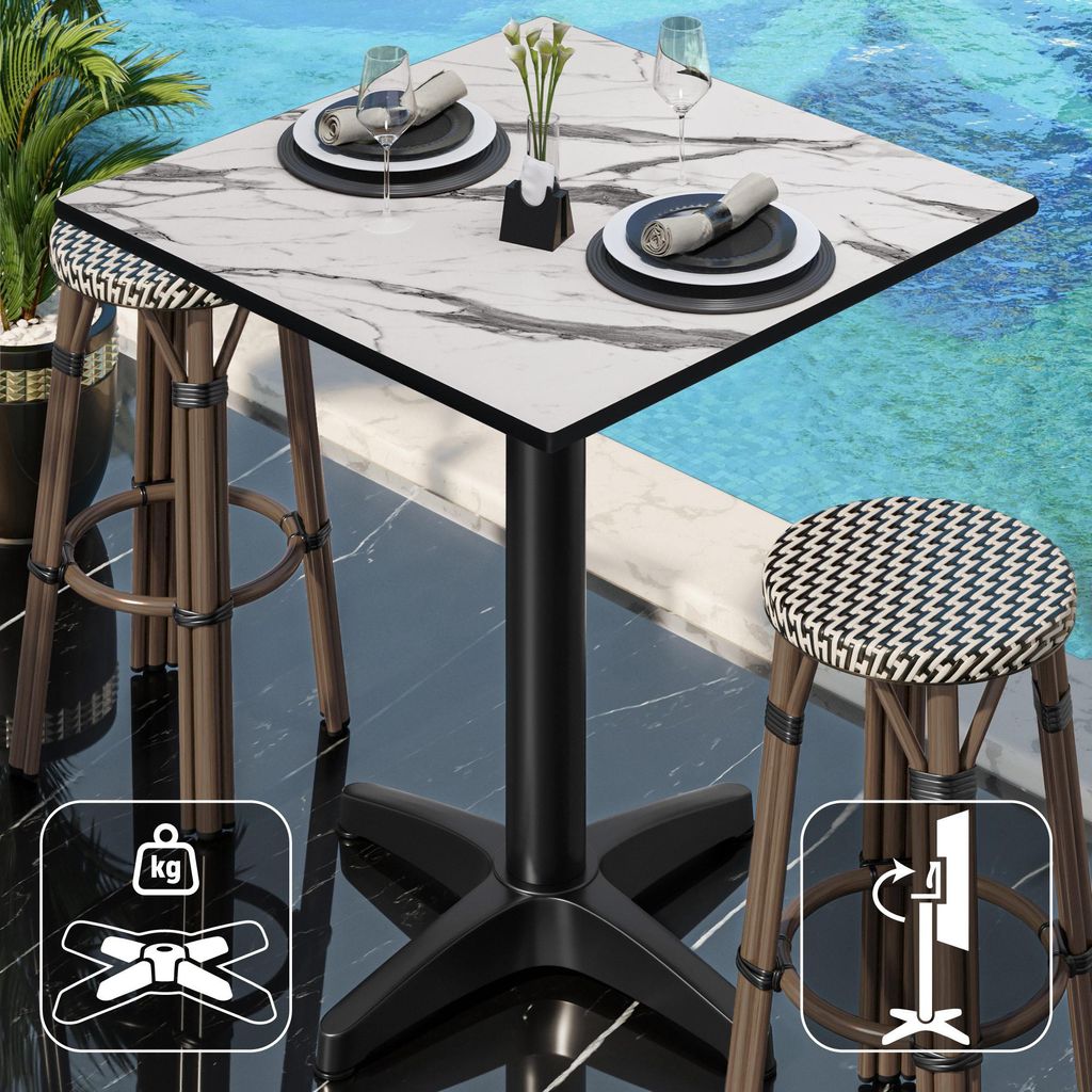 CPBL | HPL Compact Bistro Stehtisch | 70 x 70 x 110 cm | Klappbar + Zusatzgewicht | Weiß Marmor / Schwarz | Bistrotisch Gastro Steh Tisch