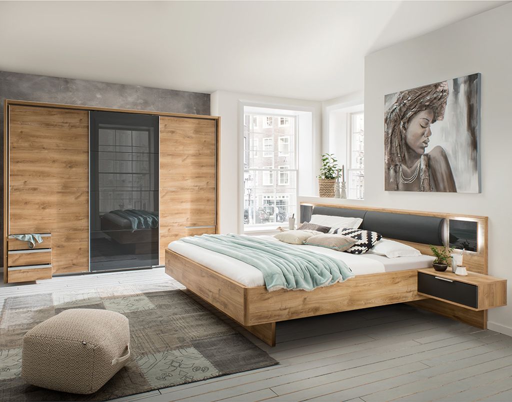Schlafzimmer Set 2-teilig VIESTE-43 mit Bett 160x200 in graphit mit Eiche