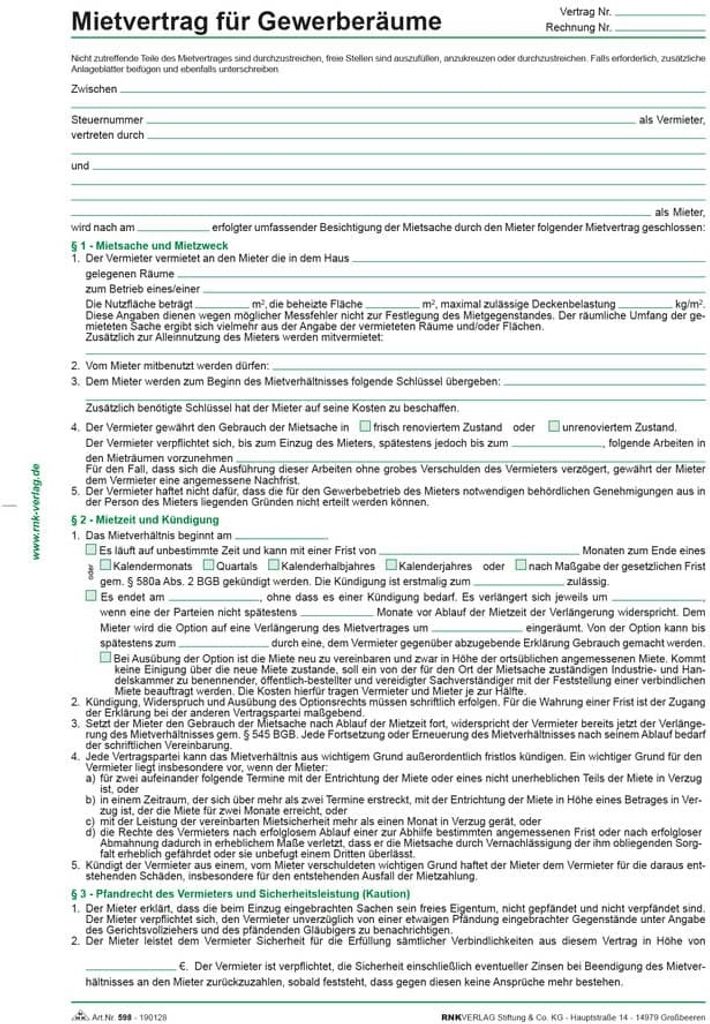 RNK Verlag 598 Contrat de location pour locaux commerciaux, Image du produit 