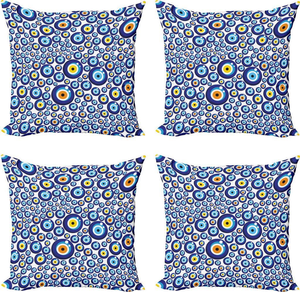 ABAKUHAUS Evil Eye Kissenbezug Set (4 Stück), Turkish Traditional, Moderner Doppelseitiger Digitaldruck, 50 cm x 50 cm, Blau Orange Gelb