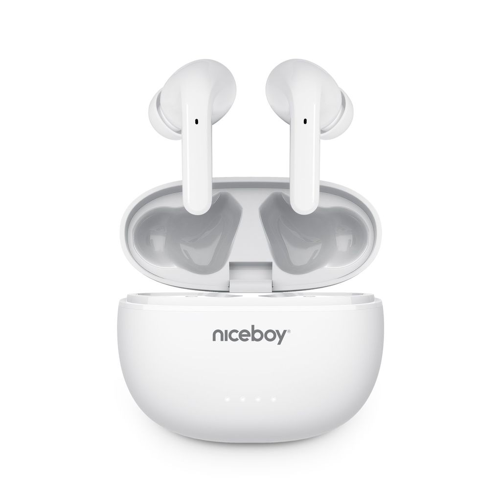 A pair of white wireless earbuds and their charging case are displayed against a white background.