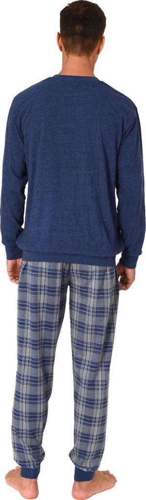 Normann Herren langarm Schlafanzug Pyjama mit Bündchen und karierter Jersey Hose ; marine , 58