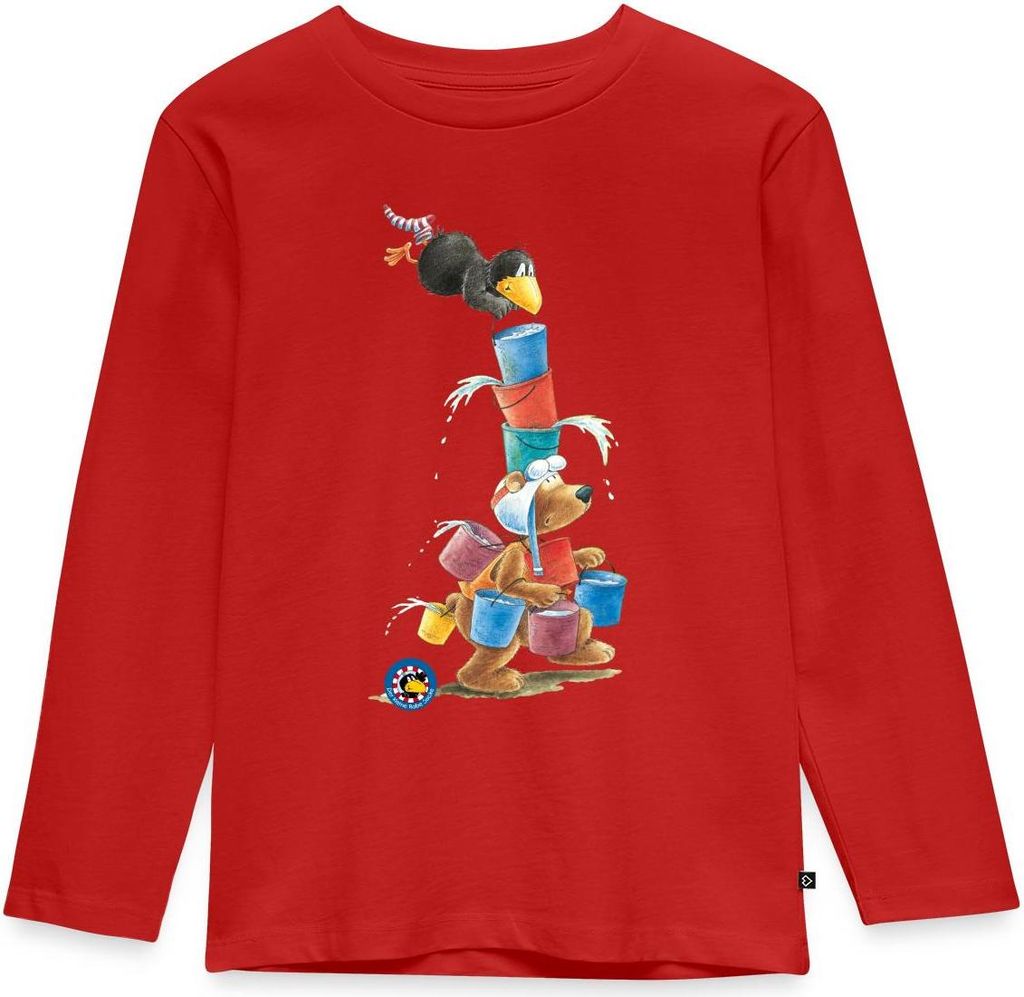 Spreadshirt Der kleine Rabe Socke mit Eddi Wassereimer Kinder Premium Langarmshirt, 122/128 (6 Jahre), Rot