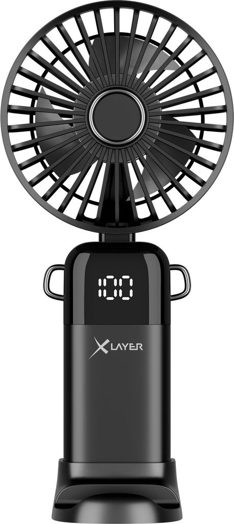 A black portable fan with a digital display on a white background.