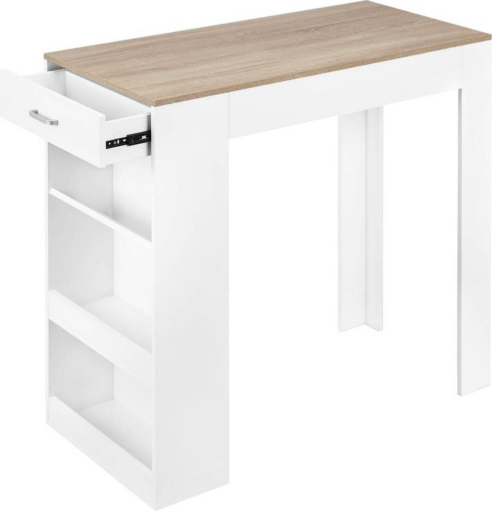 WOLTU Stehtisch Bartisch, mit 1 Schublade 3 Ablagen, mit Weinregal, Küchentisch : Weiß + Helleiche Farbe: Weiß + Helleiche