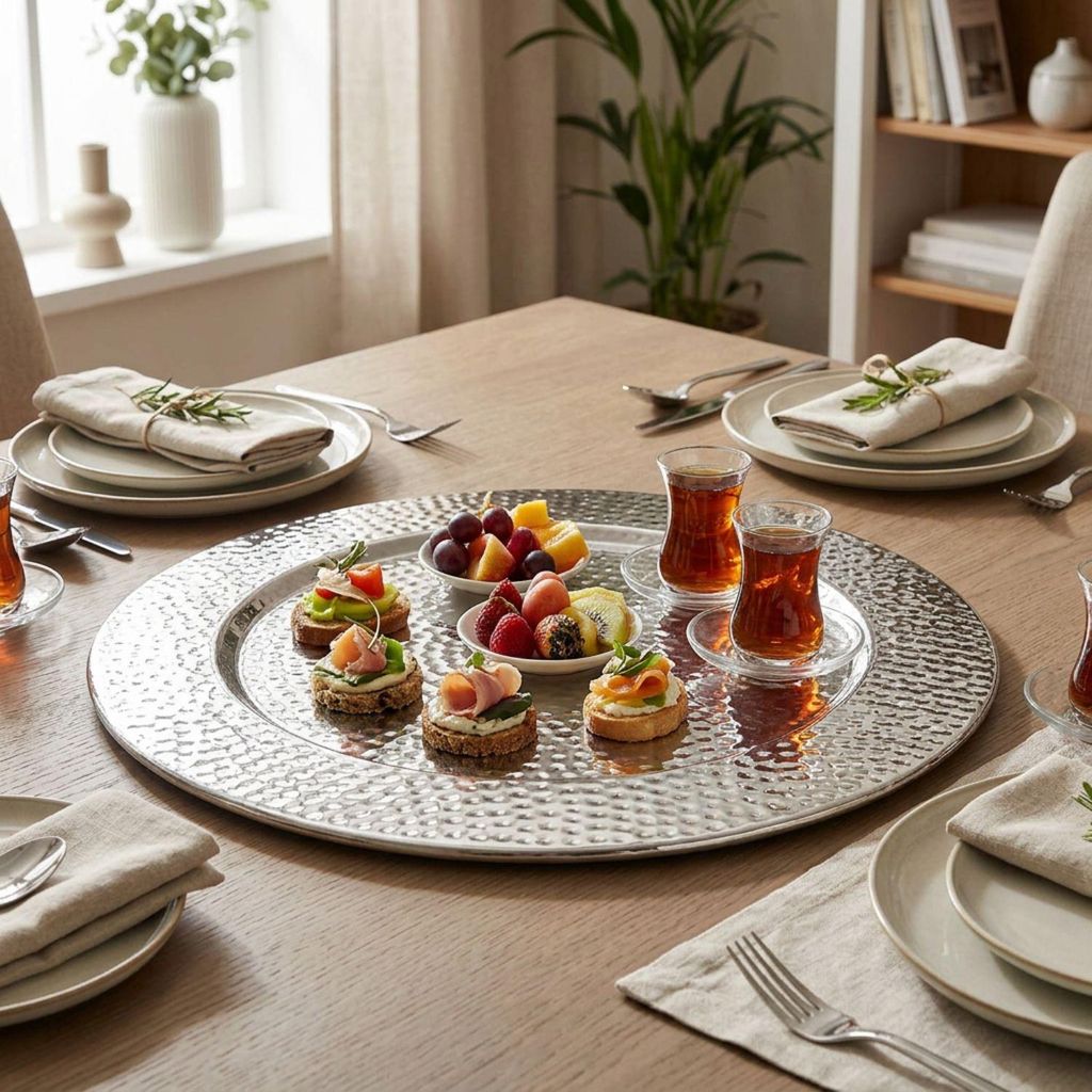 Großes Rundes Tablett aus Metall Nizza Silber 60cm groß