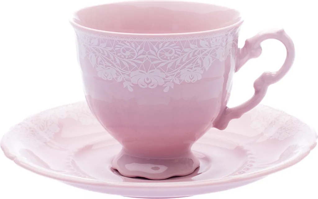 Service à café individuel en porcelaine rose et dentelle blanche 0,15l
