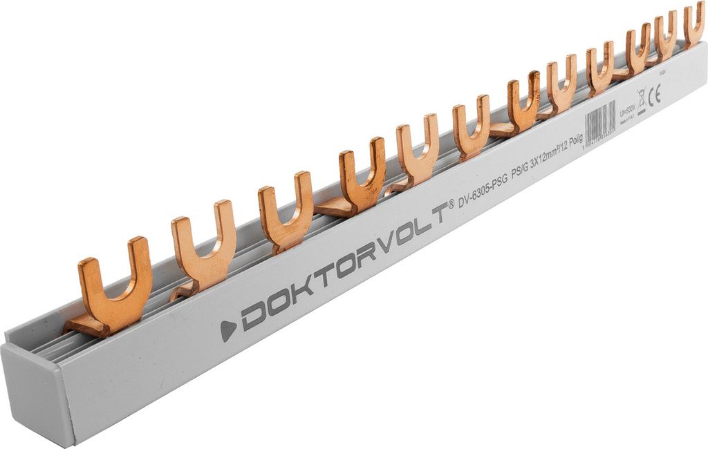 A close-up, angled shot of a copper busbar with multiple connection points, set against a white background.