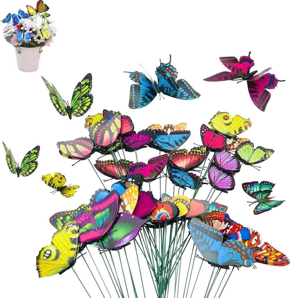 Décoration de Jardin Papillons 3D Multicolores - 60 Piquets en PVC Set