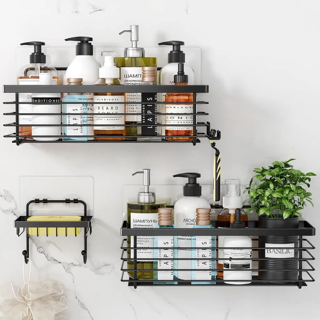 Organisateur de douche auto-adhésif noir - Caddy de salle de bain pack de 3