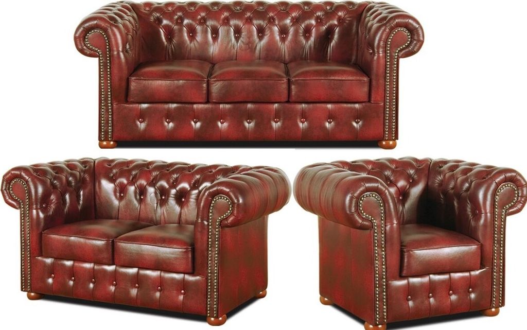 Casa Padrino Chesterfield Wohnzimmer 3er Set Weinrot - Luxus Echtleder Möbel