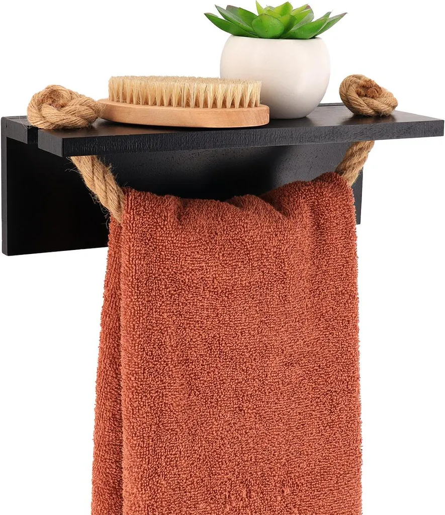 TENDANCE | Porta asciugamani - Mensola da bagno - 30 x 15 x 12 cm - nero - legno di acacia - Juta - Boho