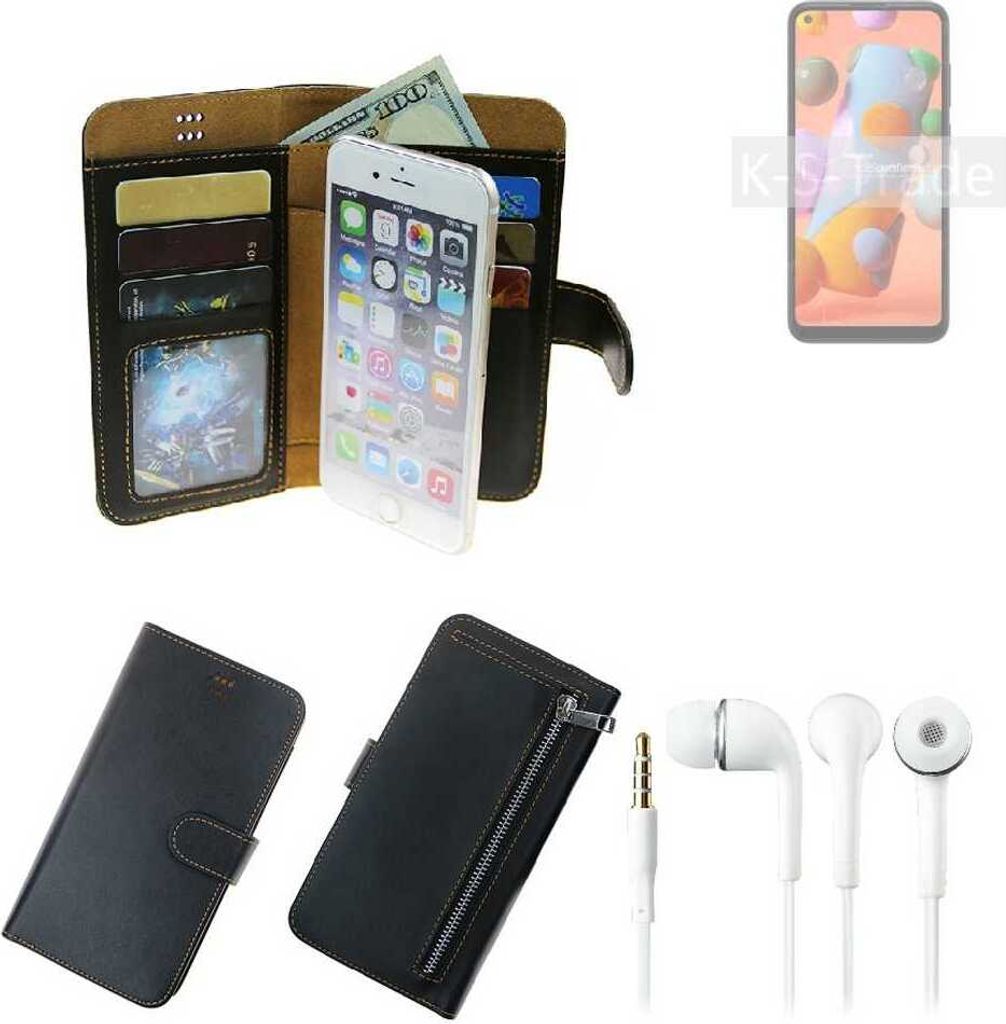 TOP SET Handy Hülle Schutz Hülle kompatibel mit Samsung Galaxy A11 schwarz aus Kunstleder + Kopfhörer Smartphone Tasche vollwertige Geldbörse